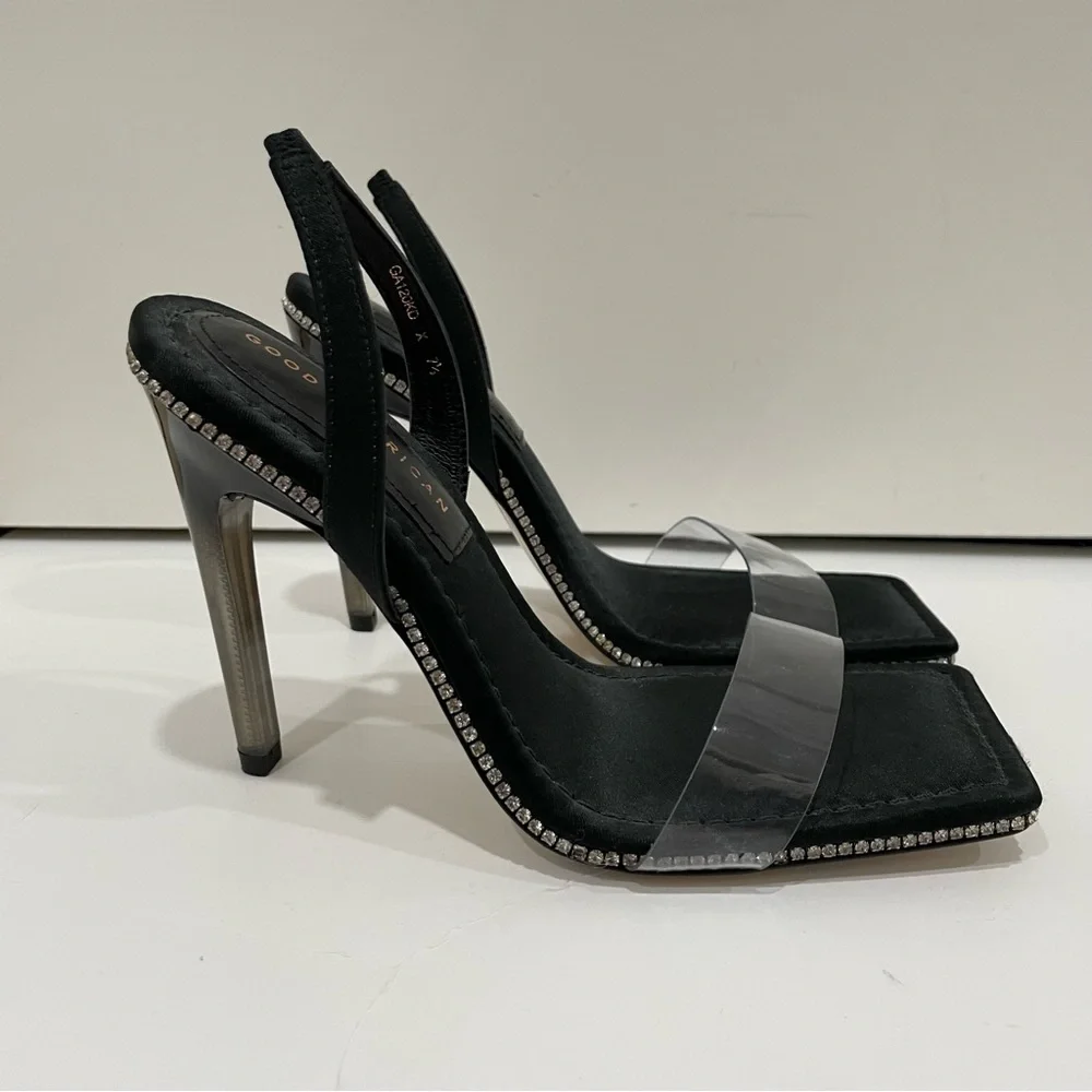Good American Women's 7 Crystal Crush Lucite Satin Rhinestone Stilletto Heels